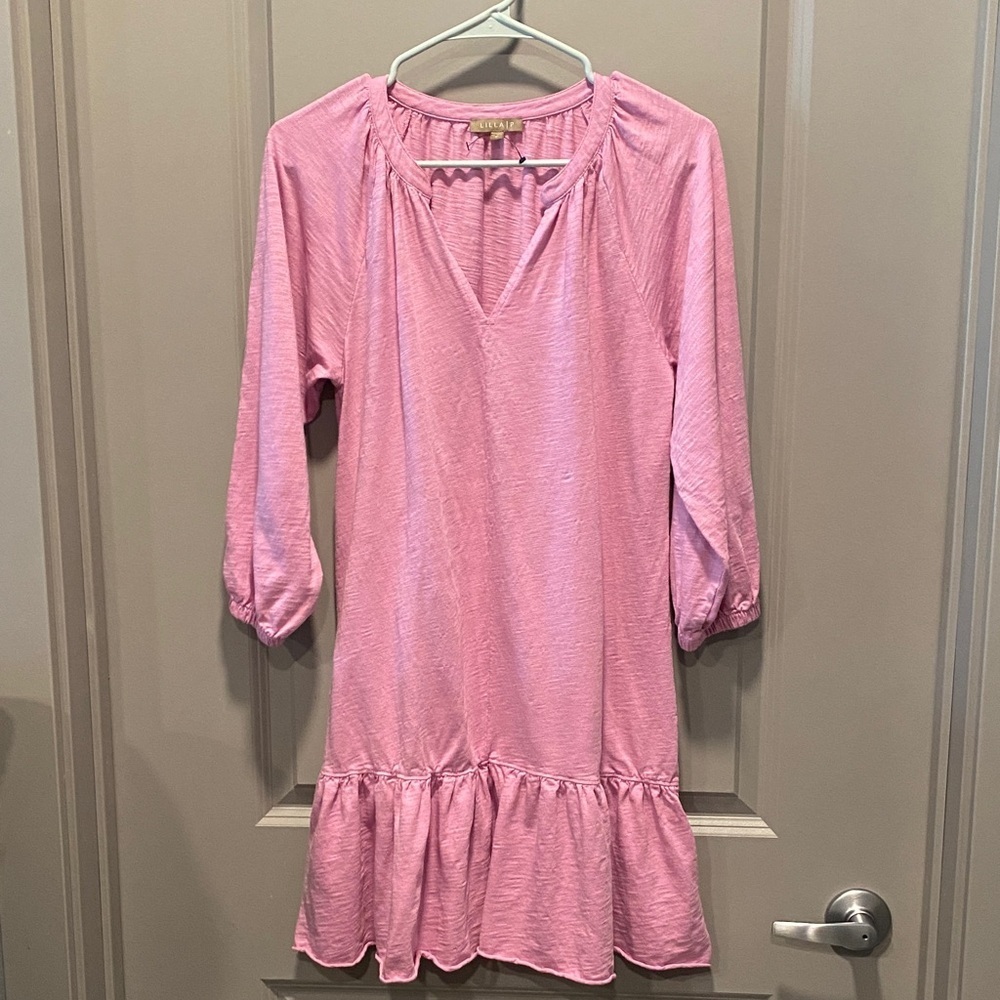 Lilla P Knit Dress Small Pink Pima Cotton Modal Ruffle Hem Casual